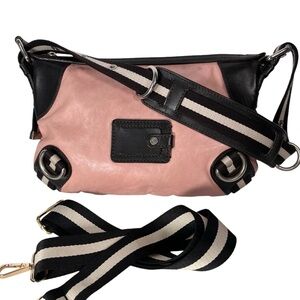 Bally Pink Black Leather Bag Shoulder Bag Crossbody Contrast Baguette Webbing